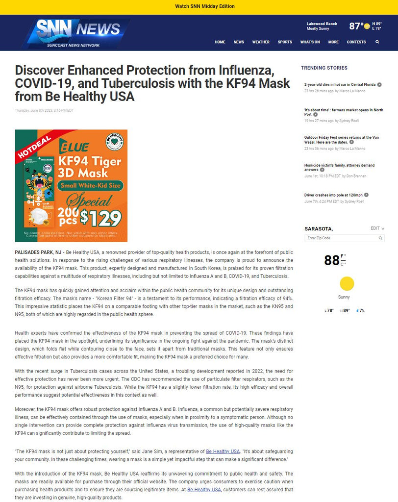 Discover Enhanced Protection from Influenza, COVID-19, and Tuberculosis with the KF94 Mask from Be Healthy USA
