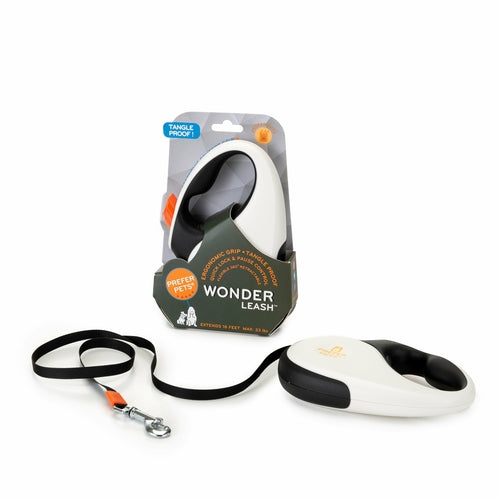 360° Tangle-Free Retractable Dog Leash - Strong Nylon Tape - One-Handed Brake, Pause, Lock (Medium, White)