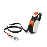 360° Tangle-Free Retractable Dog Leash - Strong Nylon Tape - One-Handed Brake, Pause, Lock (Medium, White)