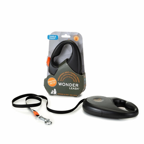 360° Tangle-Free Retractable Dog Leash - Strong Nylon Tape - One-Handed Brake, Pause, Lock (Medium, White)