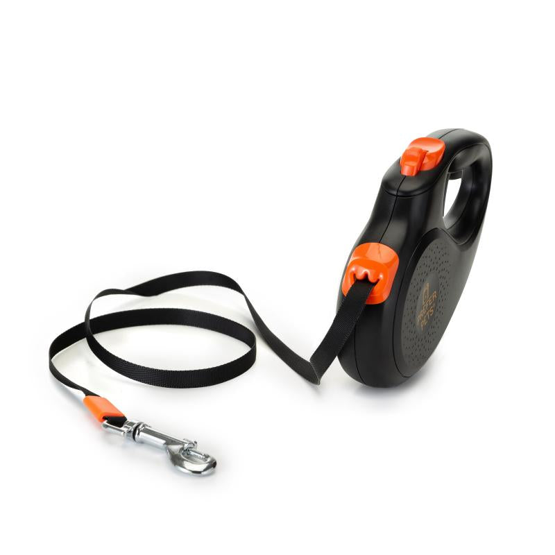 360° Tangle-Free Retractable Dog Leash - Strong Nylon Tape - One-Handed Brake, Pause, Lock (Medium, White)