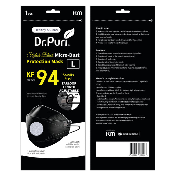 Dr.Puri KF94 Mask Large Black Adjustable Ear Loops Be Healthy
