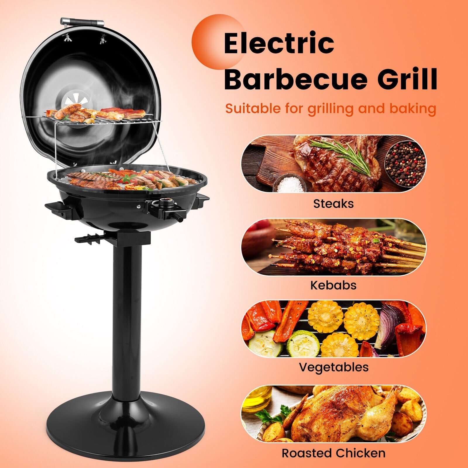 1600W Electric BBQ Grill with Removable Non-Stick Warming Rack, Indoor Outdoor Cooker, Adjustable Temperature Grill, Family Barbecue Station