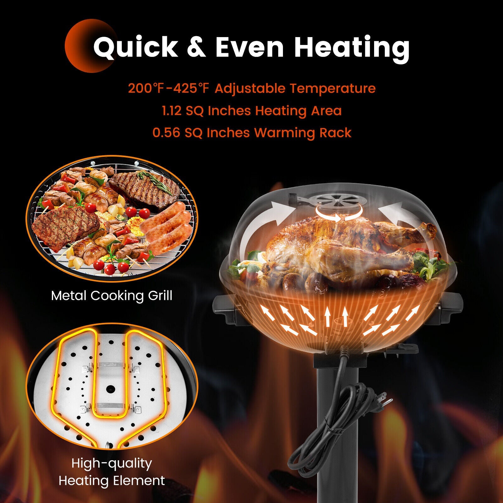 1600W Electric BBQ Grill with Removable Non-Stick Warming Rack, Indoor Outdoor Cooker, Adjustable Temperature Grill, Family Barbecue Station