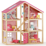 Tiny Land® Sweetwood Love Wooden Dollhouse Playset (Without Dolls) – imaginative play, 3-level house, wooden furniture