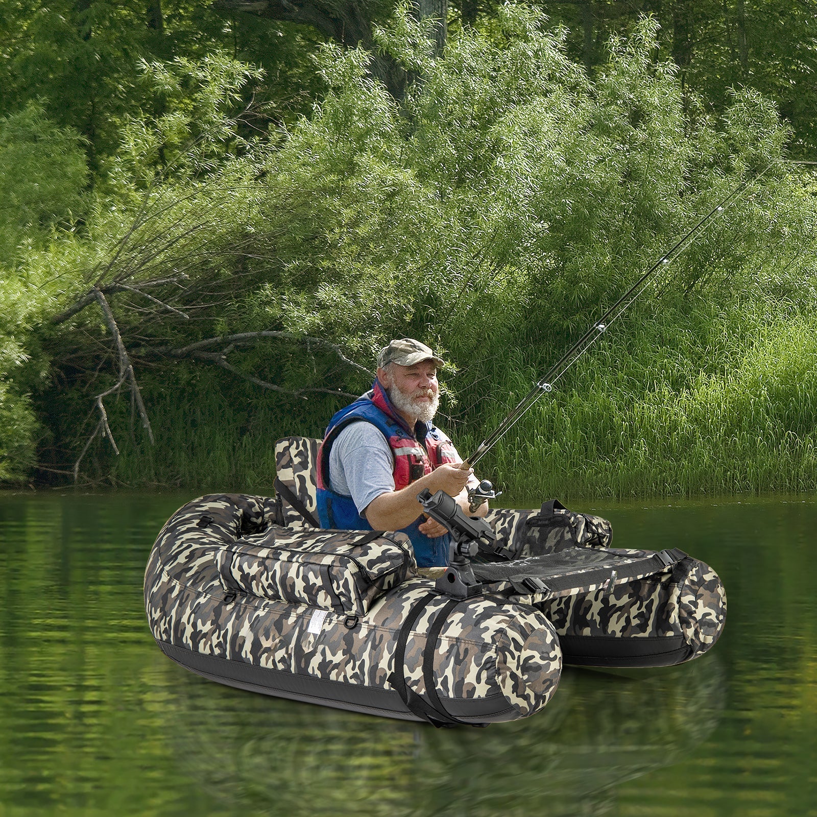 Inflatable Fishing Float Tube with Rod Holder and Storage Pockets - Camouflage, Watercraft Angling Platform, Portable Lake Fishing Gear, Outdoor Floatation Seat