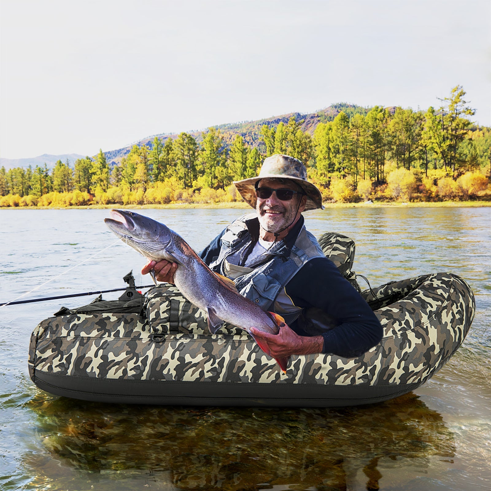 Inflatable Fishing Float Tube with Rod Holder and Storage Pockets - Camouflage, Watercraft Angling Platform, Portable Lake Fishing Gear, Outdoor Floatation Seat