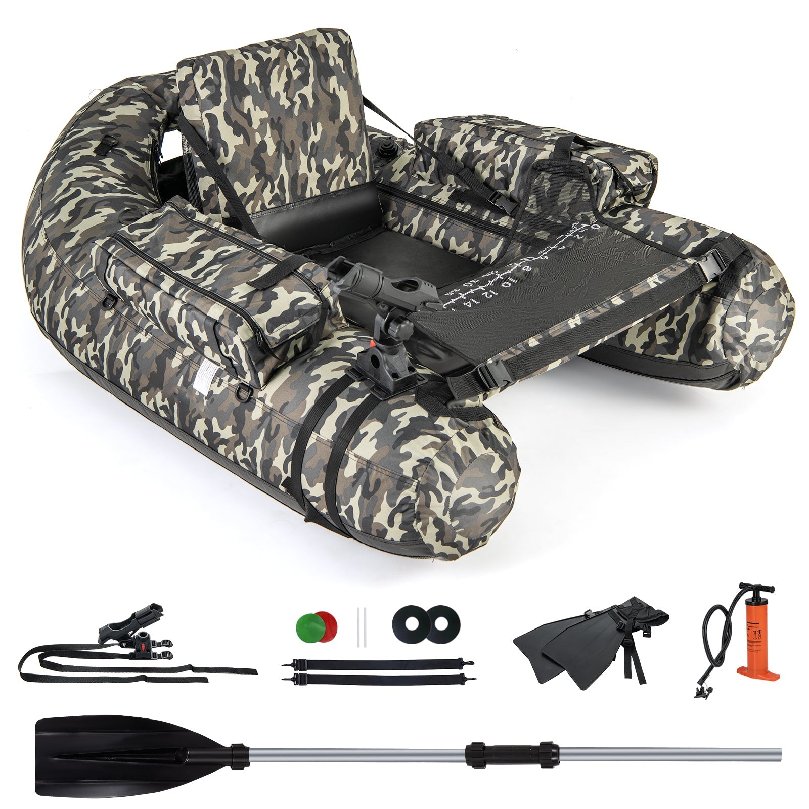 Inflatable Fishing Float Tube with Rod Holder and Storage Pockets - Camouflage, Watercraft Angling Platform, Portable Lake Fishing Gear, Outdoor Floatation Seat