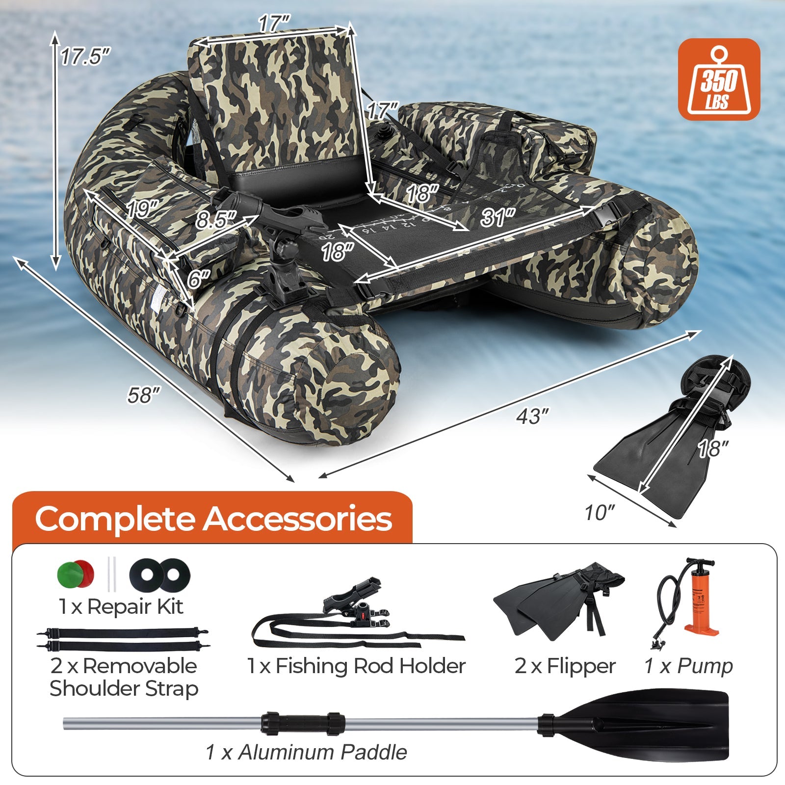 Inflatable Fishing Float Tube with Rod Holder and Storage Pockets - Camouflage, Watercraft Angling Platform, Portable Lake Fishing Gear, Outdoor Floatation Seat