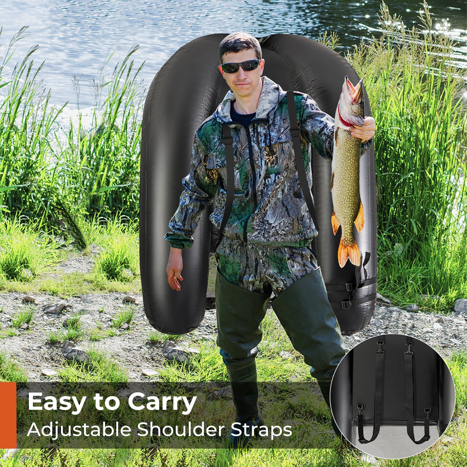Inflatable Fishing Float Tube with Rod Holder and Storage Pockets - Camouflage, Watercraft Angling Platform, Portable Lake Fishing Gear, Outdoor Floatation Seat