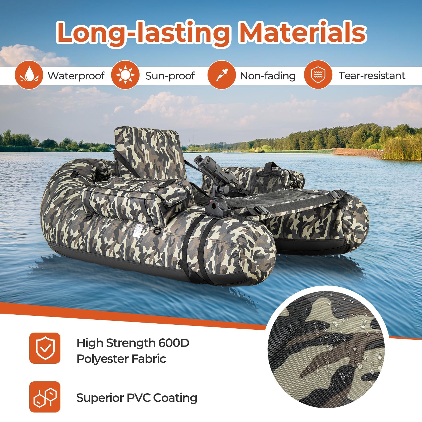 Inflatable Fishing Float Tube with Rod Holder and Storage Pockets - Camouflage, Watercraft Angling Platform, Portable Lake Fishing Gear, Outdoor Floatation Seat