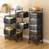 Stackable Metal Rotating Basket Rack with Wheels - rotating storage rack, kitchen organizer cart, stackable basket shelf