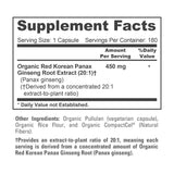 Organic Red Korean Panax Ginseng 20:1 Extract 450mg Vegan Capsules 180 Servings, Herbal Supplement, Daily Vitality, Traditional Wellness