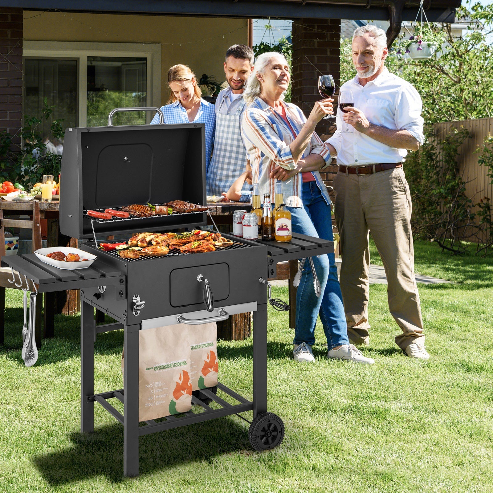 Outdoor BBQ Charcoal Grill with Foldable Side Tables and Wheels, Backyard Cooking Station, Adjustable Heat Barbecue Pit, Portable Patio Smoker Grill