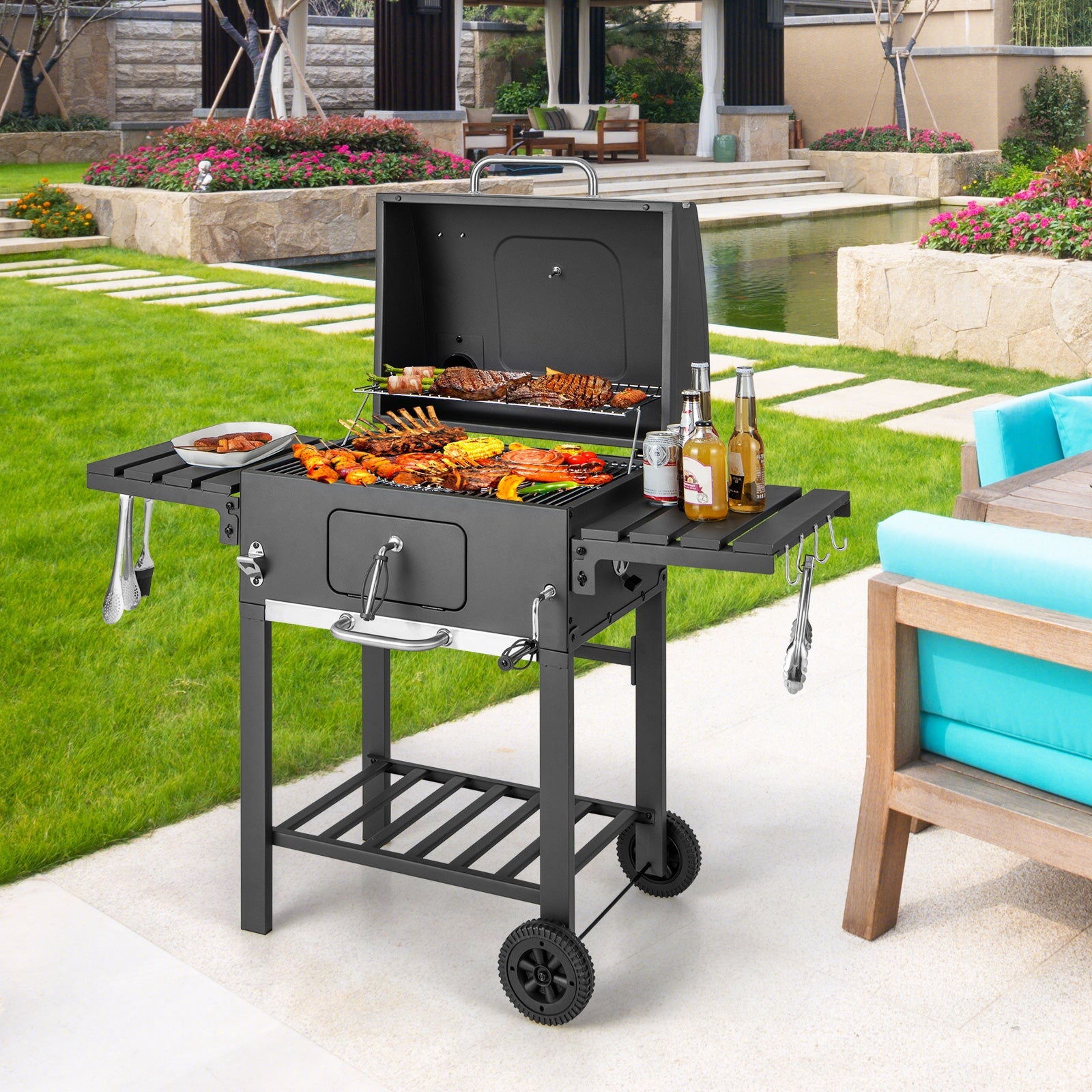 Outdoor BBQ Charcoal Grill with Foldable Side Tables and Wheels, Backyard Cooking Station, Adjustable Heat Barbecue Pit, Portable Patio Smoker Grill