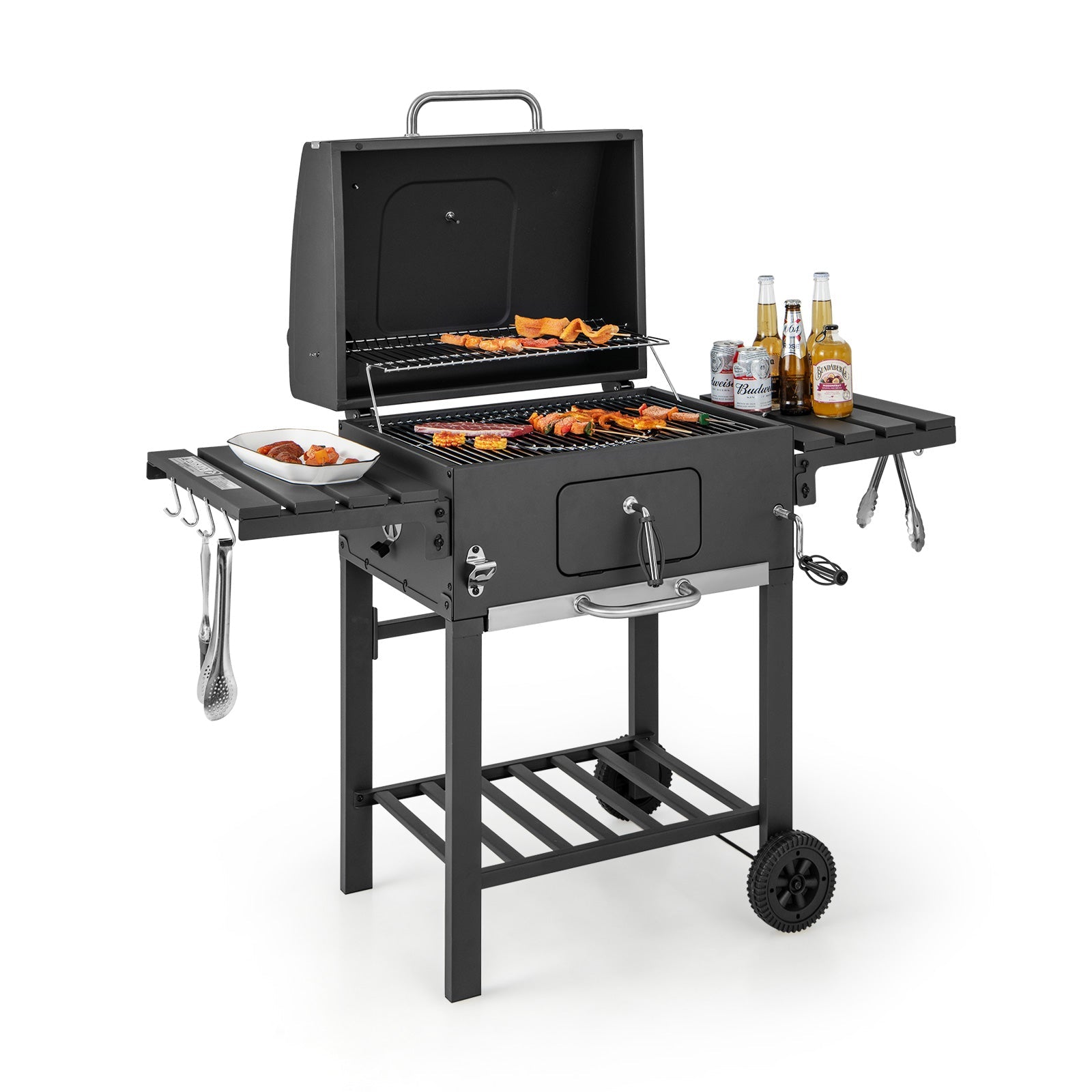 Outdoor BBQ Charcoal Grill with Foldable Side Tables and Wheels, Backyard Cooking Station, Adjustable Heat Barbecue Pit, Portable Patio Smoker Grill