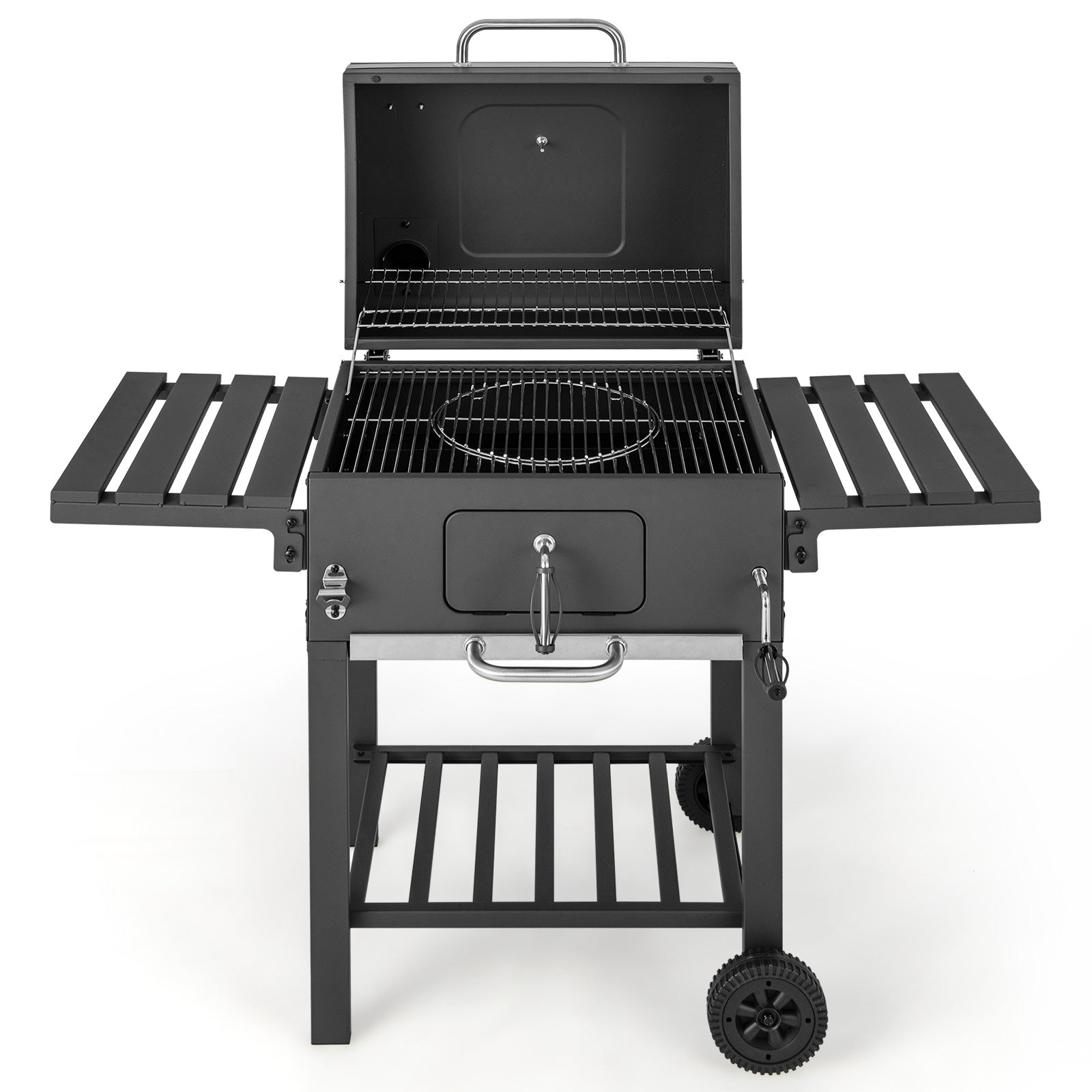 Outdoor BBQ Charcoal Grill with Foldable Side Tables and Wheels, Backyard Cooking Station, Adjustable Heat Barbecue Pit, Portable Patio Smoker Grill