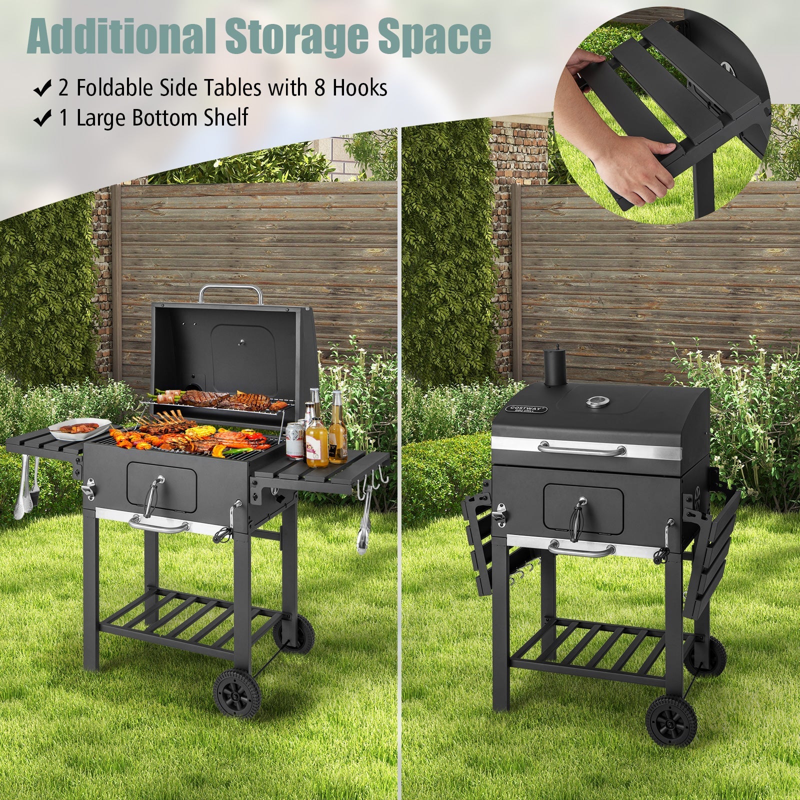 Outdoor BBQ Charcoal Grill with Foldable Side Tables and Wheels, Backyard Cooking Station, Adjustable Heat Barbecue Pit, Portable Patio Smoker Grill