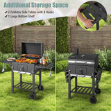 Outdoor BBQ Charcoal Grill with Foldable Side Tables and Wheels, Backyard Cooking Station, Adjustable Heat Barbecue Pit, Portable Patio Smoker Grill