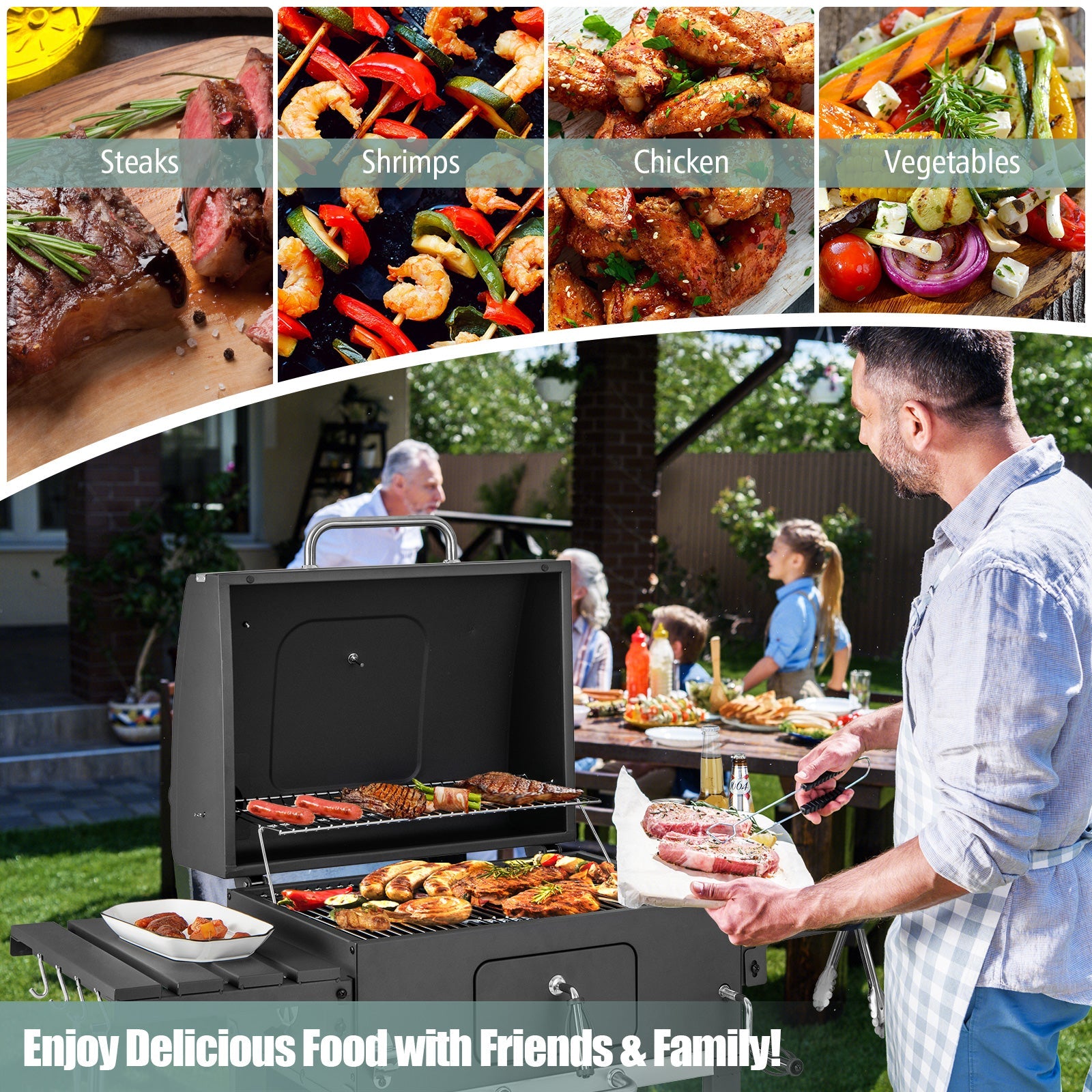 Outdoor BBQ Charcoal Grill with Foldable Side Tables and Wheels, Backyard Cooking Station, Adjustable Heat Barbecue Pit, Portable Patio Smoker Grill