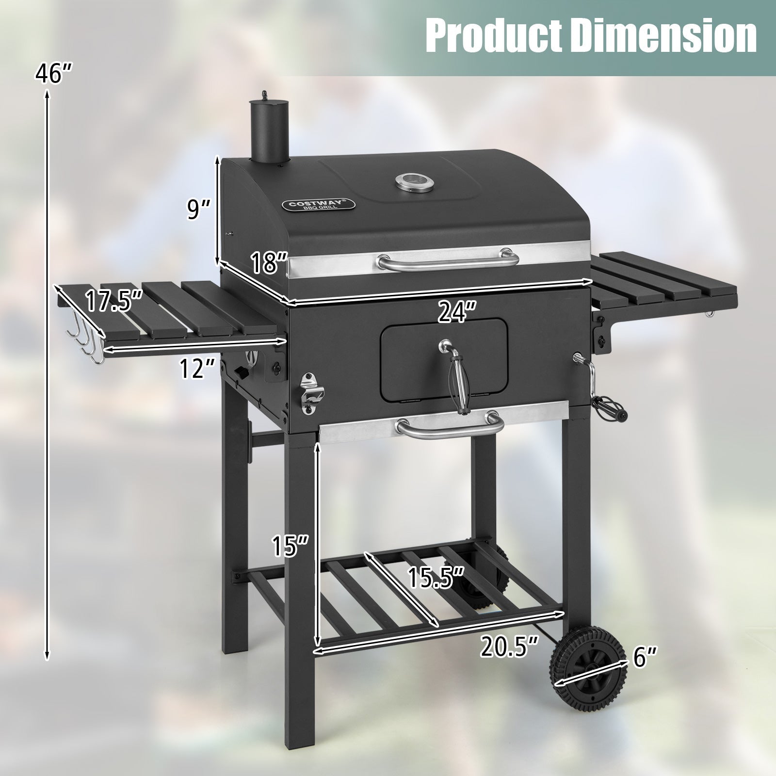 Outdoor BBQ Charcoal Grill with Foldable Side Tables and Wheels, Backyard Cooking Station, Adjustable Heat Barbecue Pit, Portable Patio Smoker Grill