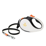 360° Tangle-Free Retractable Dog Leash - Strong Nylon Tape - One-Handed Brake, Pause, Lock (Medium, White)