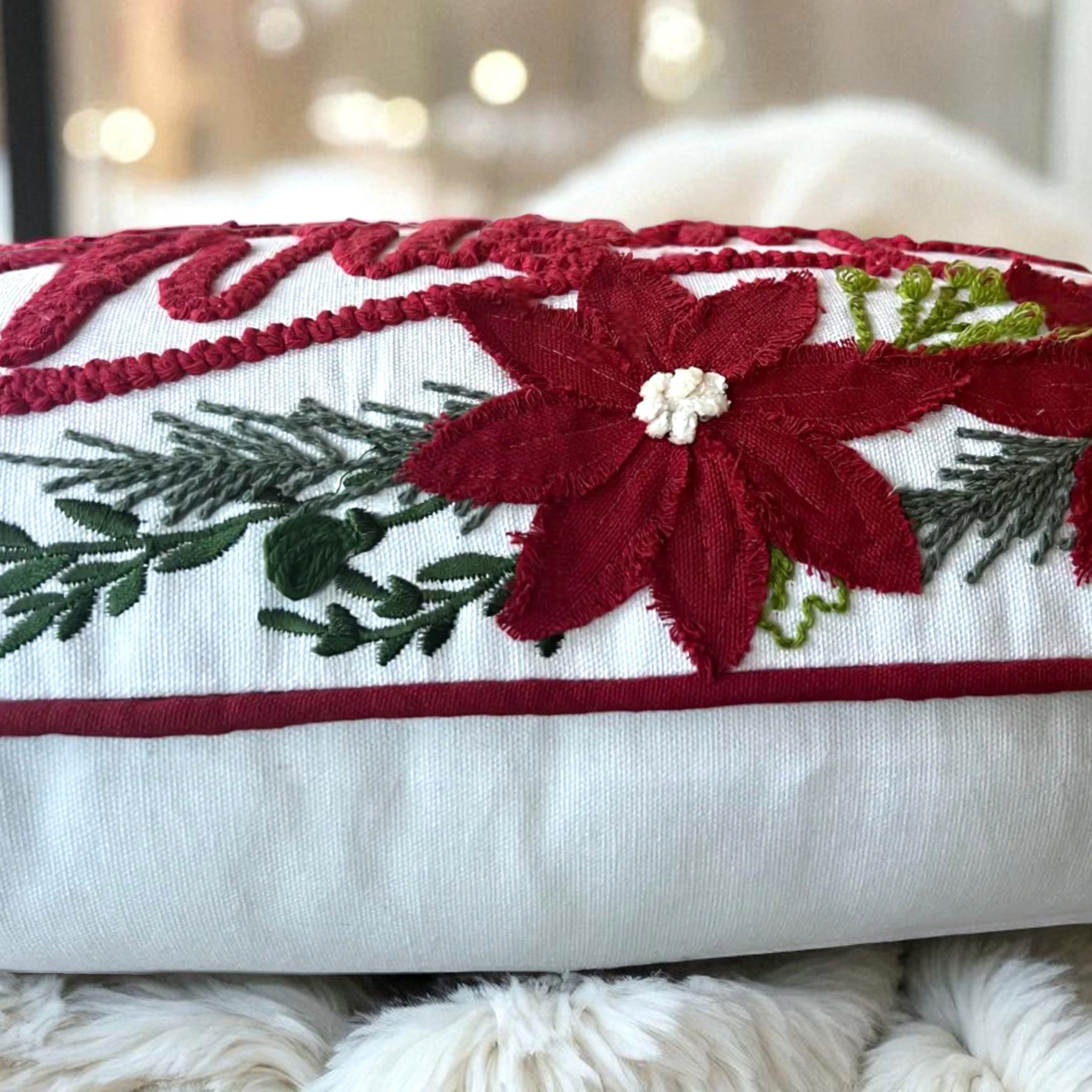 Vintage Poinsettia Christmas Embroidered Pillow – festive decor, artisan-made, cotton
