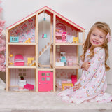 Tiny Land® Sweetwood Love Wooden Dollhouse Playset (Without Dolls) – imaginative play, 3-level house, wooden furniture