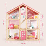 Tiny Land® Sweetwood Love Wooden Dollhouse Playset (Without Dolls) – imaginative play, 3-level house, wooden furniture