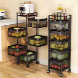 Stackable Metal Rotating Basket Rack with Wheels - rotating storage rack, kitchen organizer cart, stackable basket shelf