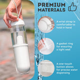 Portable 12 oz Dog Water Bottle with Detachable Drinking Bowl - One-Hand Dispensing, Impurity Filter, Silicone Carry Strap