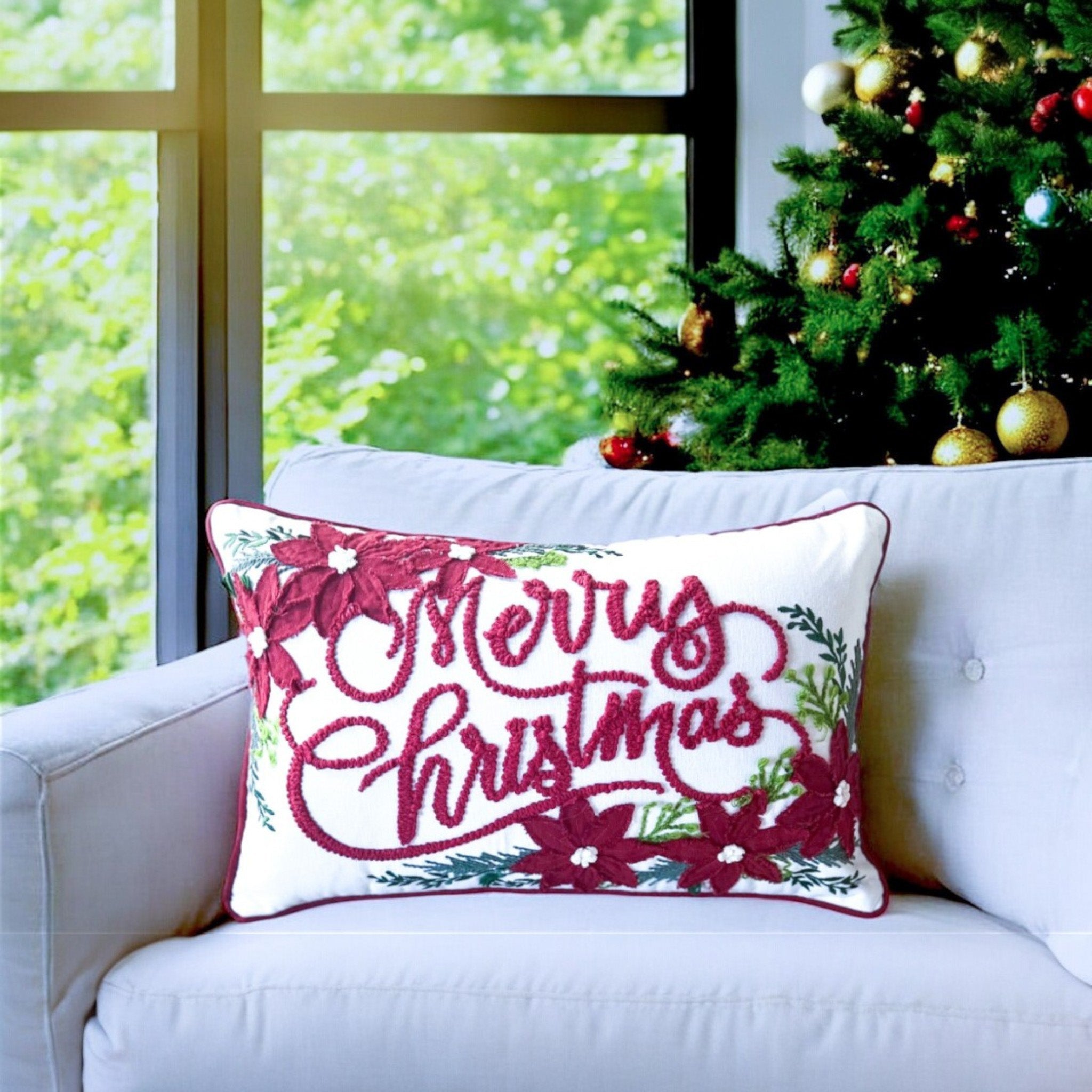 Vintage Poinsettia Christmas Embroidered Pillow – festive decor, artisan-made, cotton