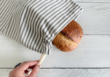 Grey Ticking Stripe Bread Bags, set of two - Reusable Bakery Storage, Cotton Bread Bag, Drawstring Loaf Holder