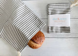 Grey Ticking Stripe Bread Bags, set of two - Reusable Bakery Storage, Cotton Bread Bag, Drawstring Loaf Holder