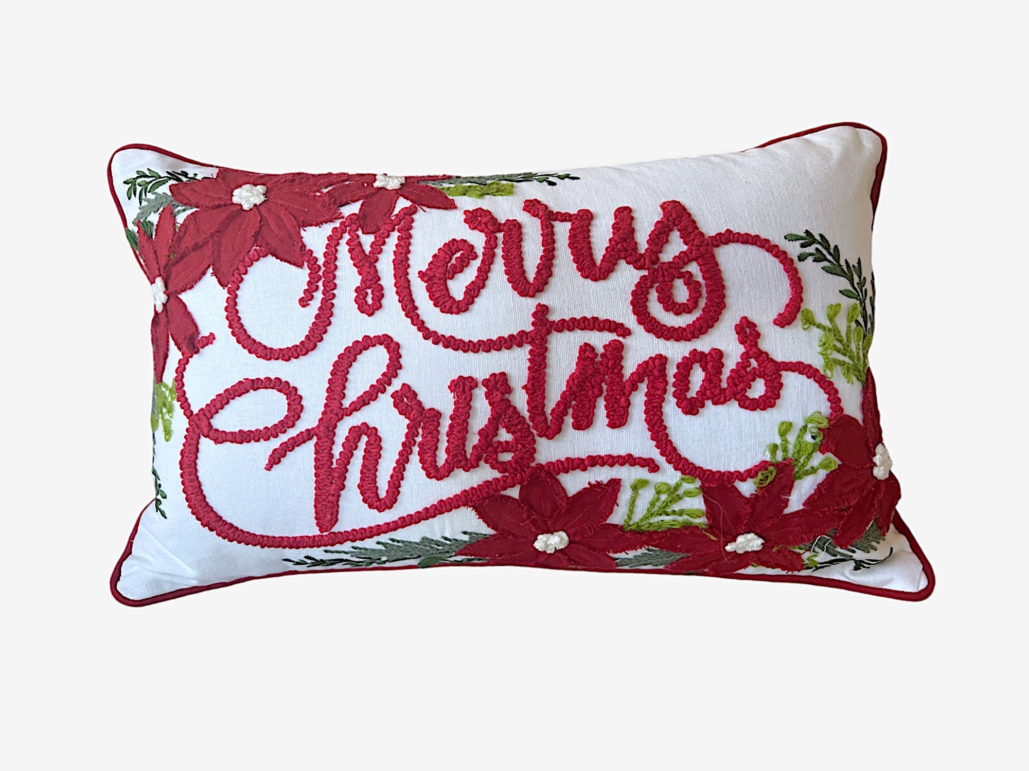 Vintage Poinsettia Christmas Embroidered Pillow – festive decor, artisan-made, cotton
