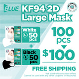 Blue KF94 2D Large Mask Black & White 100pc Special