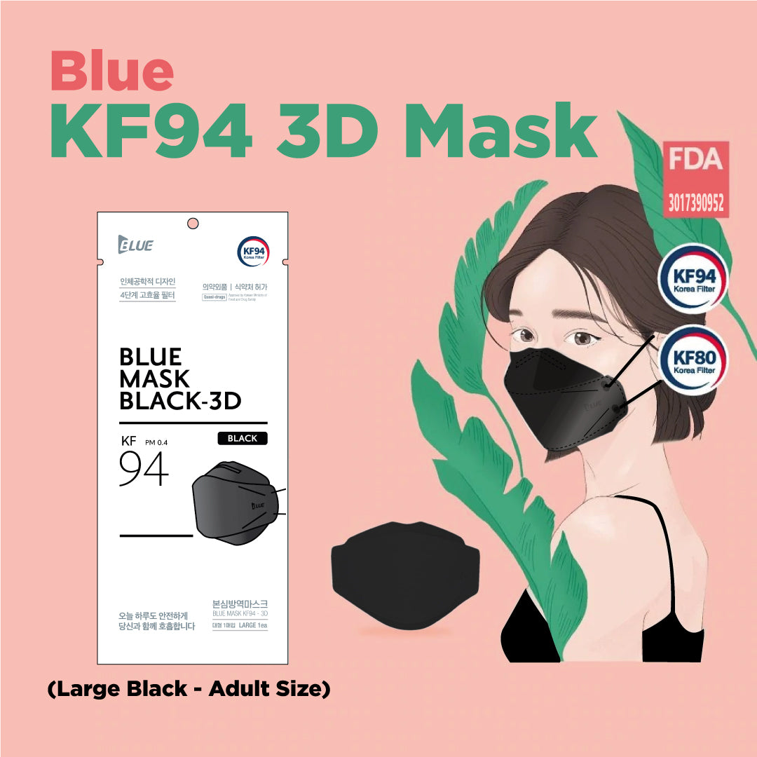 Blue KF94 3D Mask (Large Black - Adult Size)