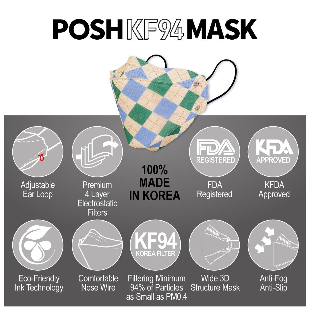 POSH KF94 Mask Classic Blue Green Argyle (A09) - 1pc
