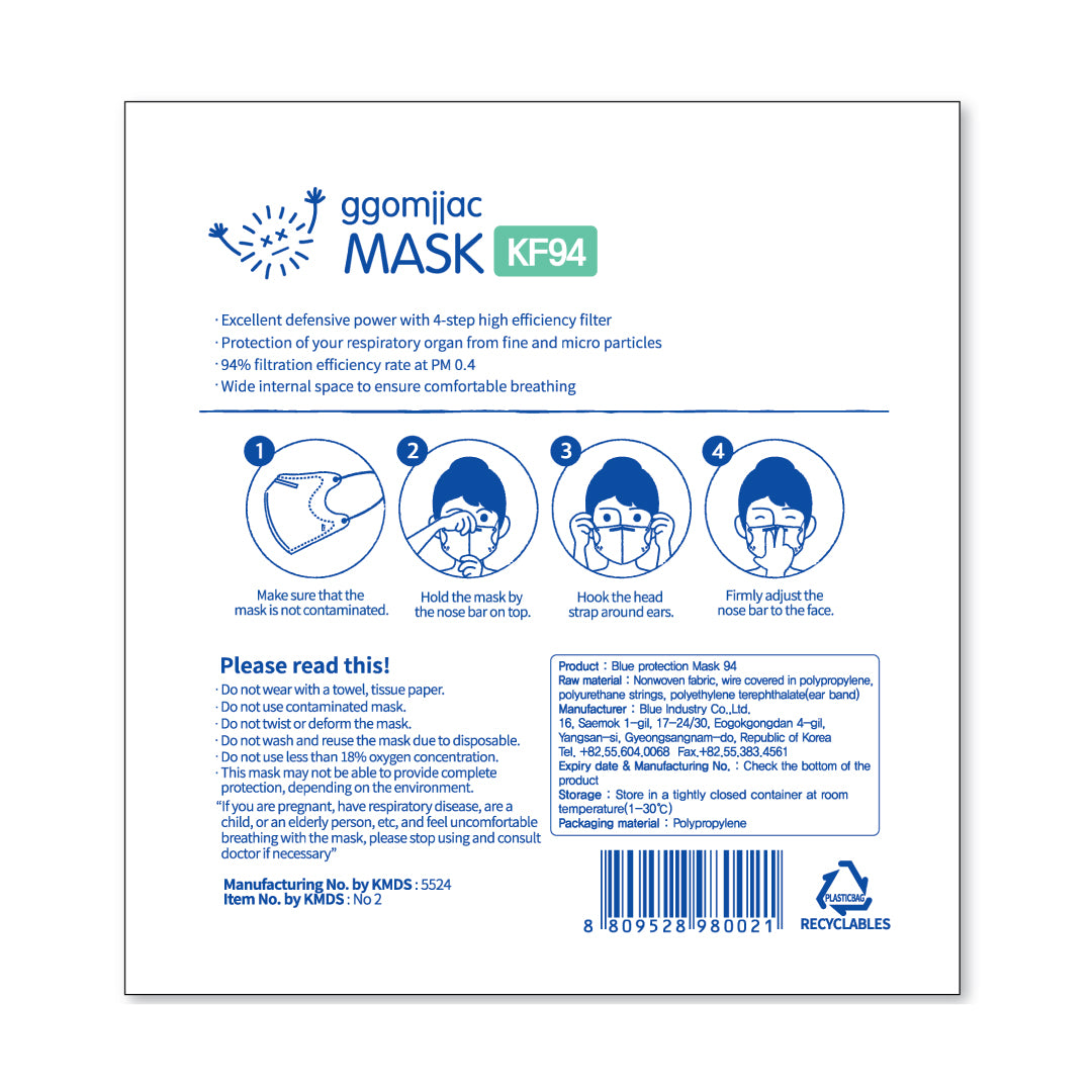 Blue KF94 2D Mask GGOMJJACK Limited Edition (Large White)